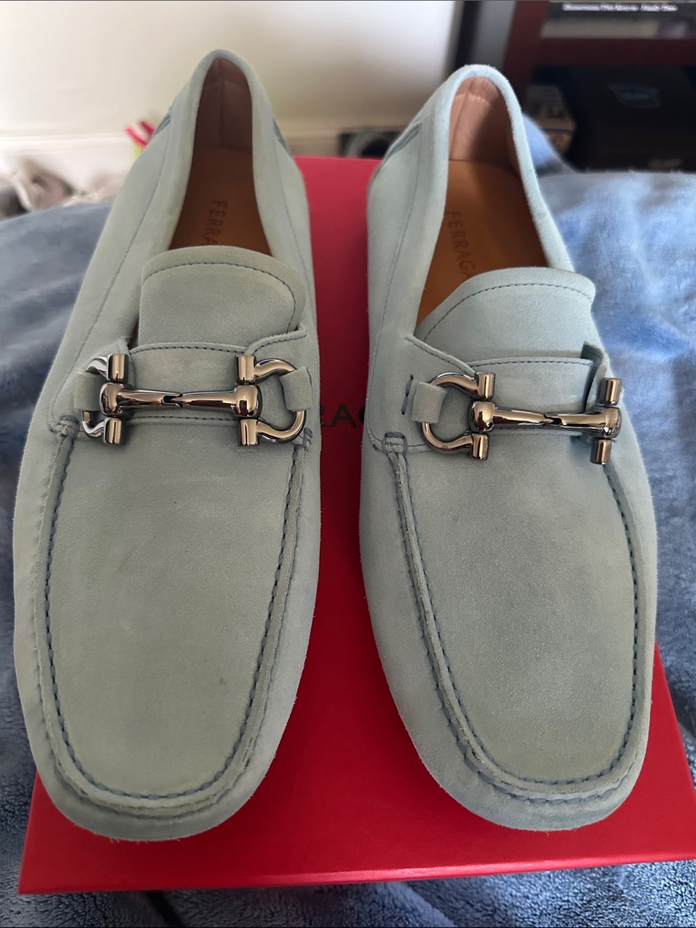 Salvatore Ferragamo Sky Blue Calfskin Suede Bit Loafers